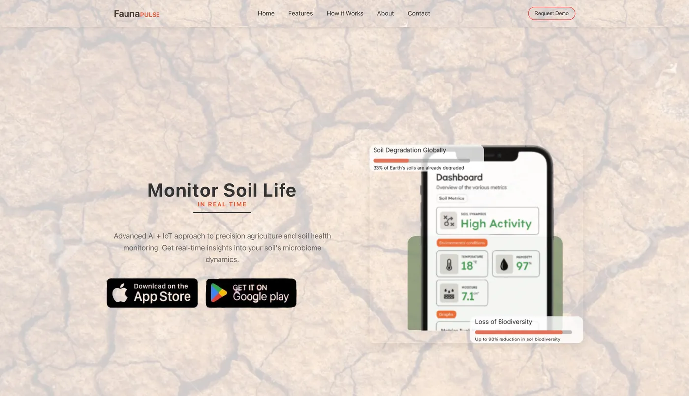 FaunaPulse landing page headed “Monitor Soil Life in real time”, with a phone showing a soil metrics dashboard