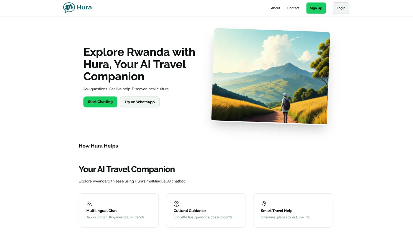 Hura AI travel companion chat interface answering a question about Rwanda