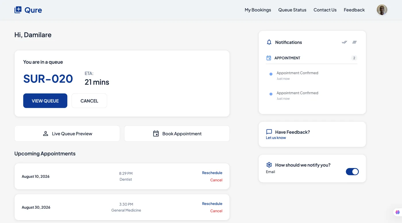 Qure patient portal showing a live queue position with estimated wait time and upcoming appointments