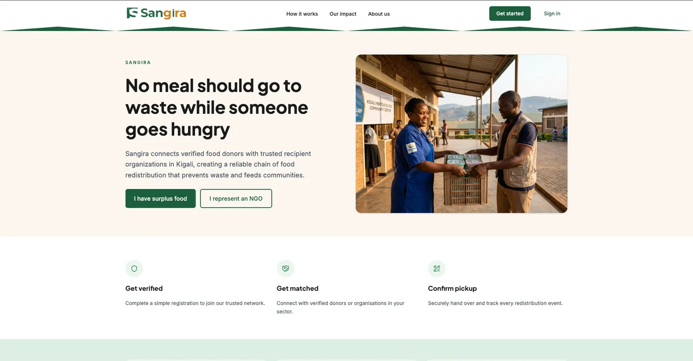 Sangira dashboard showing active food donation listings