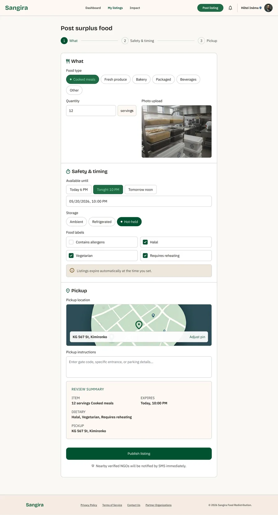 Sangira listing flow on mobile: a donor entering surplus food details and a pickup window