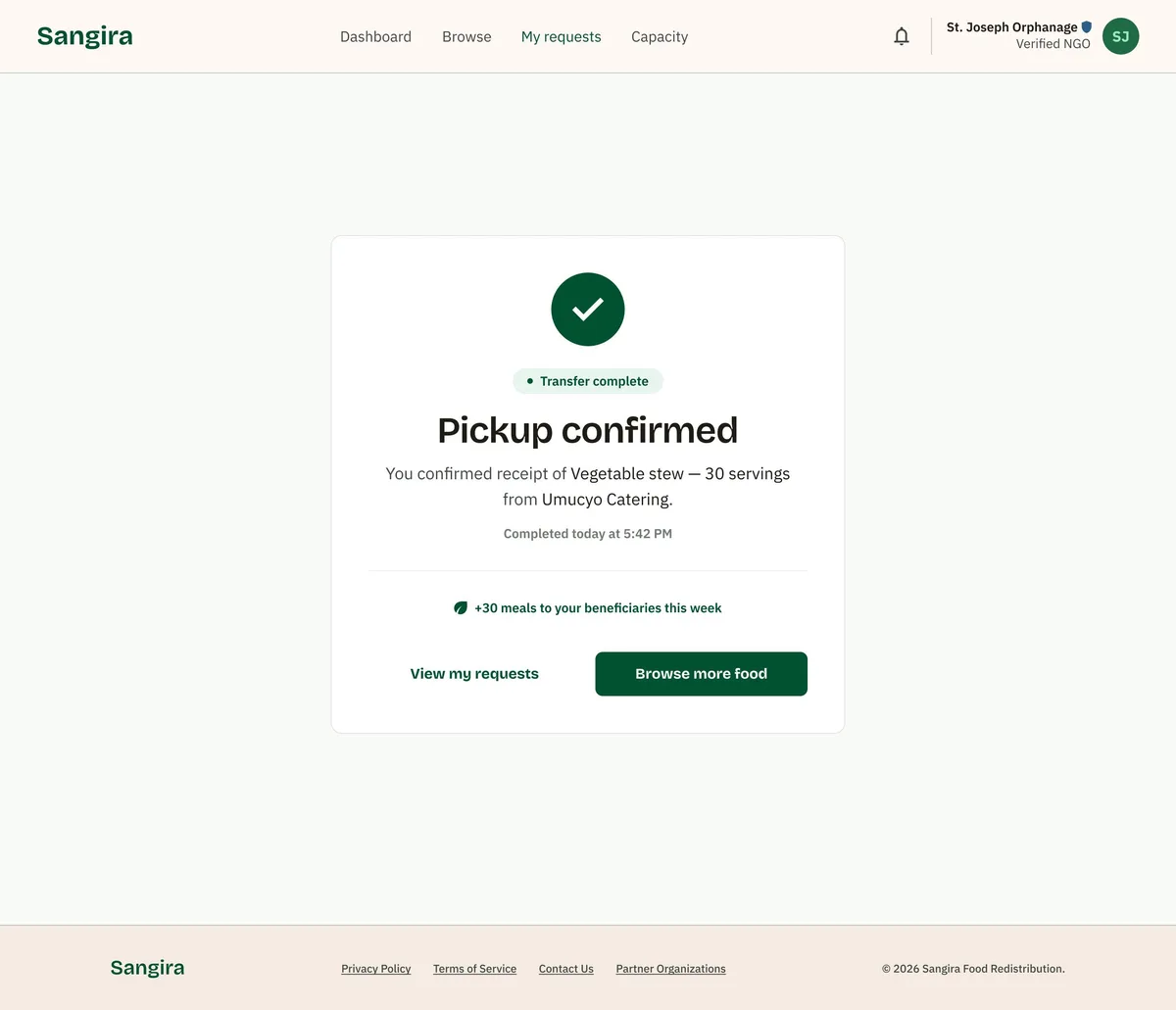 Sangira PIN confirmation screen where donor and NGO each confirm a handoff