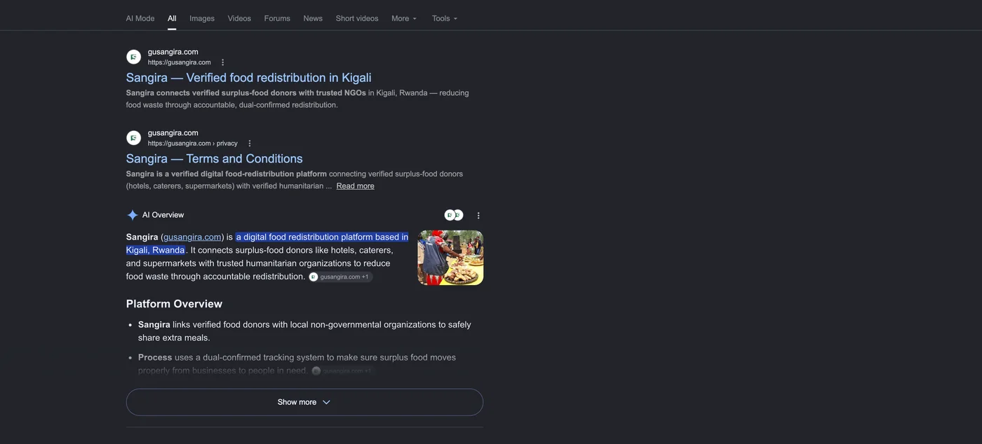 Google search results for gusangira.com: Sangira ranking with its homepage and terms page, and an AI overview citing the platform