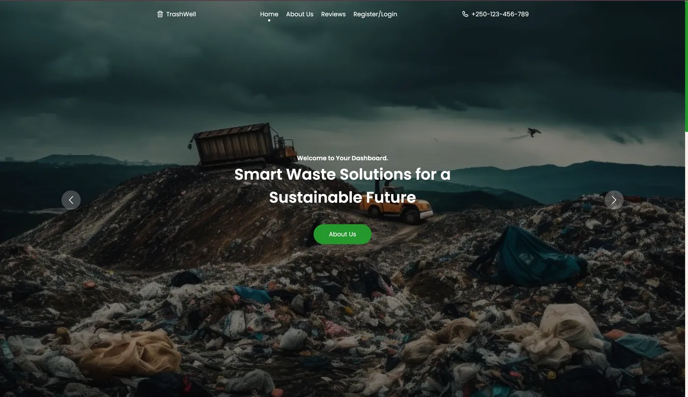 TrashWell landing page headed “Smart Waste Solutions for a Sustainable Future”, over a photograph of a landfill